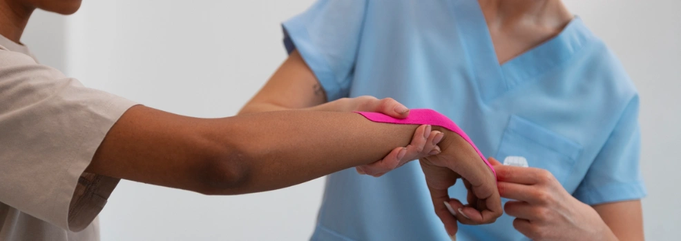 Healthcare professional taping a patient’s wrist as part of physiotherapy treatment for wrist pain and injury recovery.