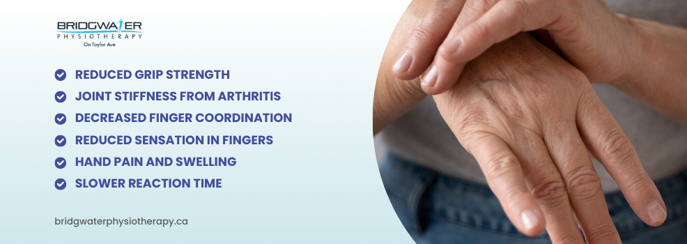 Infographic showing common hand problems in older adults including reduced grip strength, joint stiffness, decreased coordination, and slower reaction time by Bridgwater Physiotherapy.