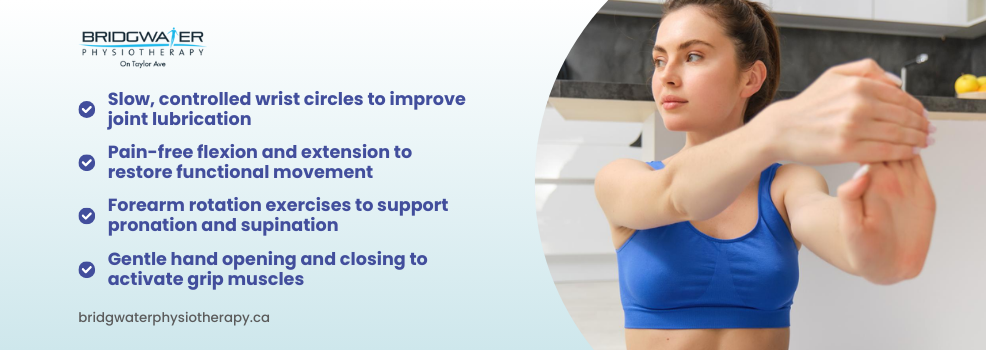 Physiotherapy checklist for wrist warm-up including circles, flexion, and rotations.